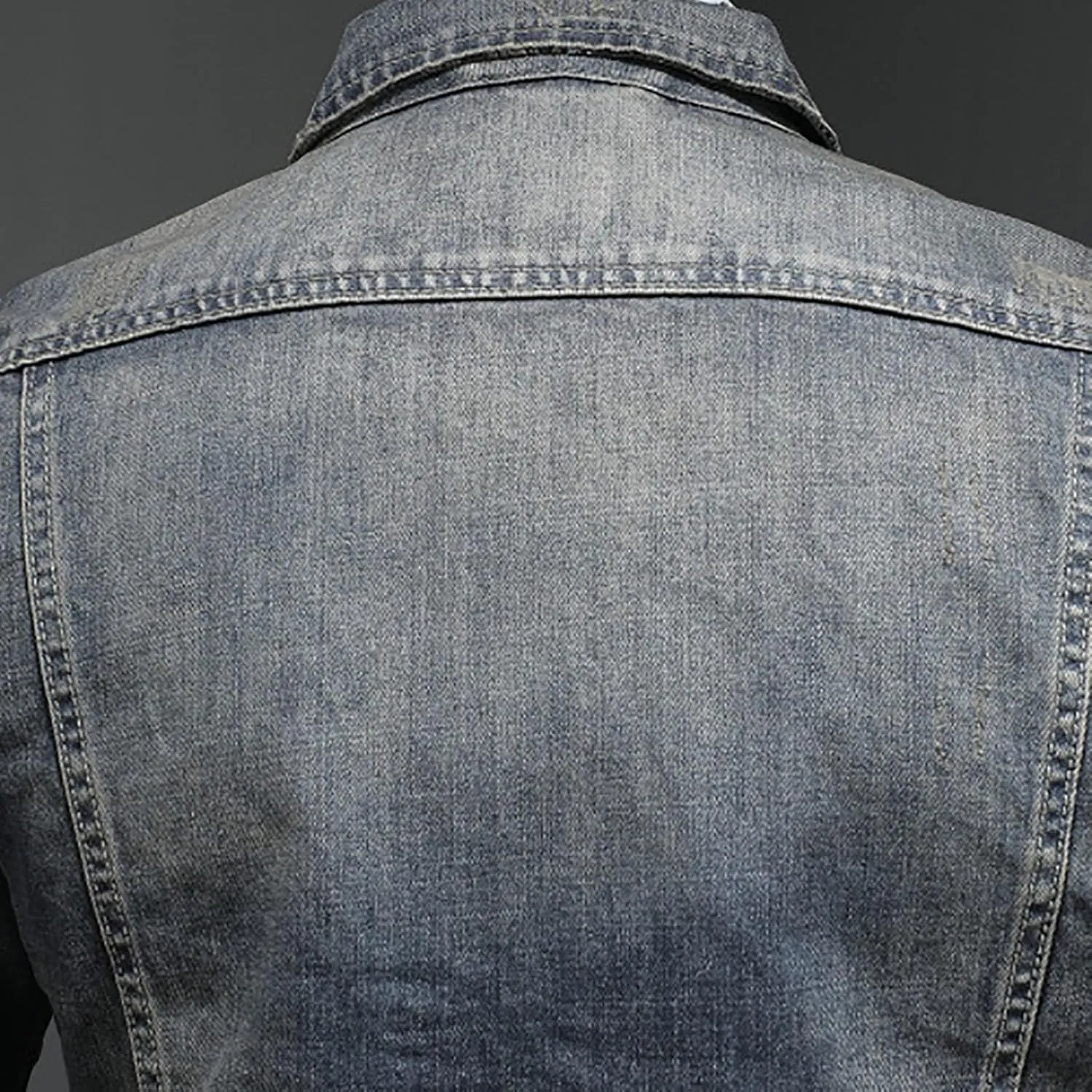 Denim Jacket Men Zip Up Distressed Jean Jacket Lapel Collar Motorcycle Trucker Coat with Pockets