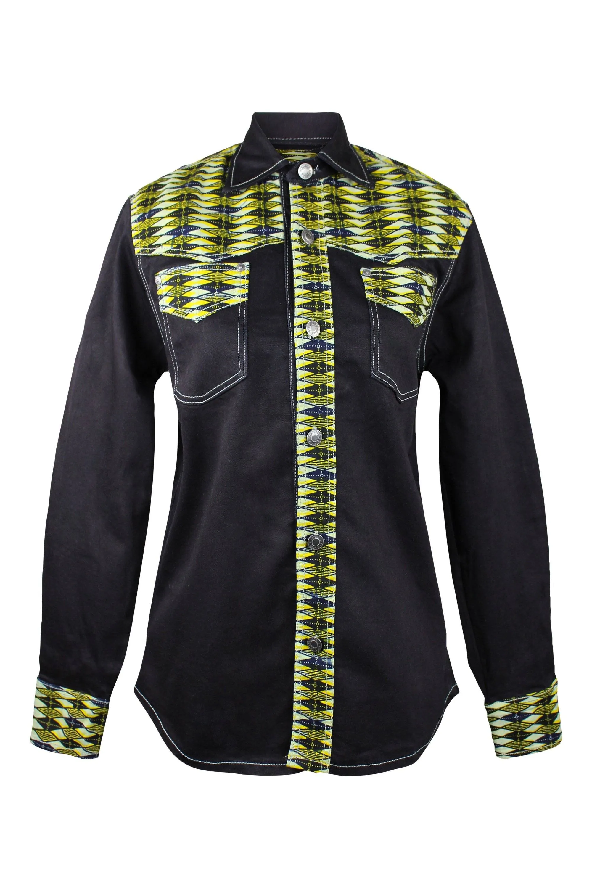 Denim Jeans Long Sleeve Men's Shirt with African Print