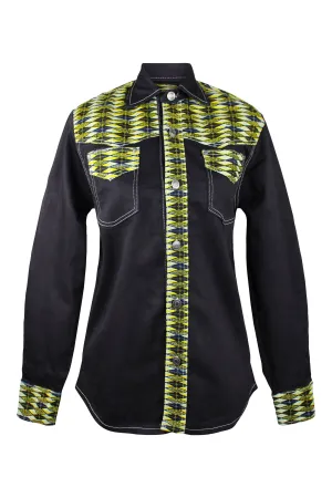 Denim Jeans Long Sleeve Men's Shirt with African Print