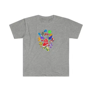 Dewey Does Multicolor Red All Sport Logo Unisex Softstyle T-Shirt