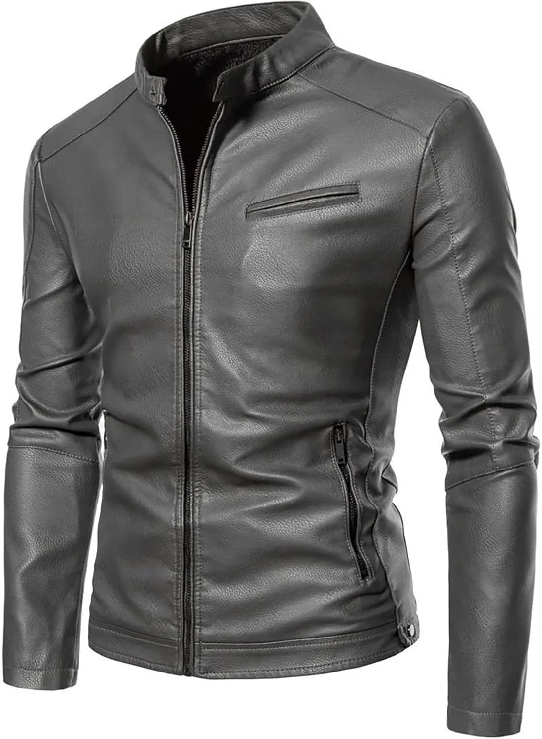 Dgoopd Leather Jacket for Men Slim Fit Motorcycle Jacket Stand Collar Moto Jacket Zip up Biker Jacket Casual Leather Coats