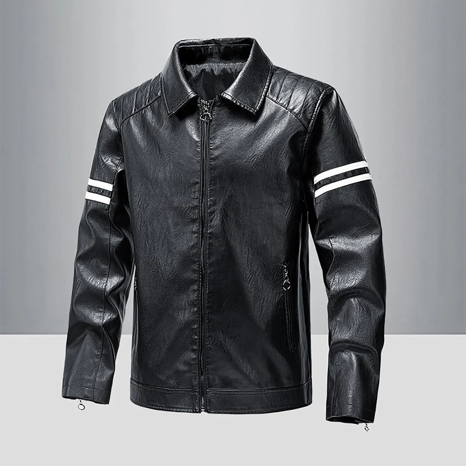 Dgoopd Leather Jacket for Men Zip up Moto Jacket Slim Fit Motorcycle Jacket Turn down Collar Jacket Casual Biker Jacket
