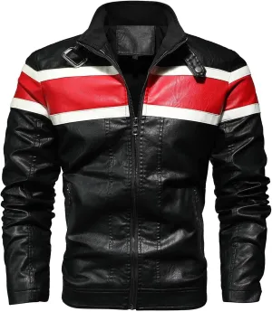 Dgoopd Men Leather Jacket Color Block Motorcycle Jacket Zip up Biker Jacket Plus Size PU Leather Coat Vintage Moto Jacket