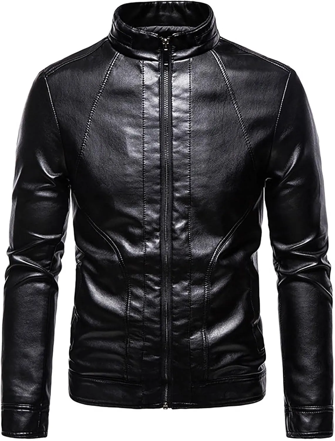 Dgoopd Men Leather Jacket Stand Collar Moto Jacket Waterproof Windproof Motorcycle Jacket Zip up Biker Jacket Leather Coat
