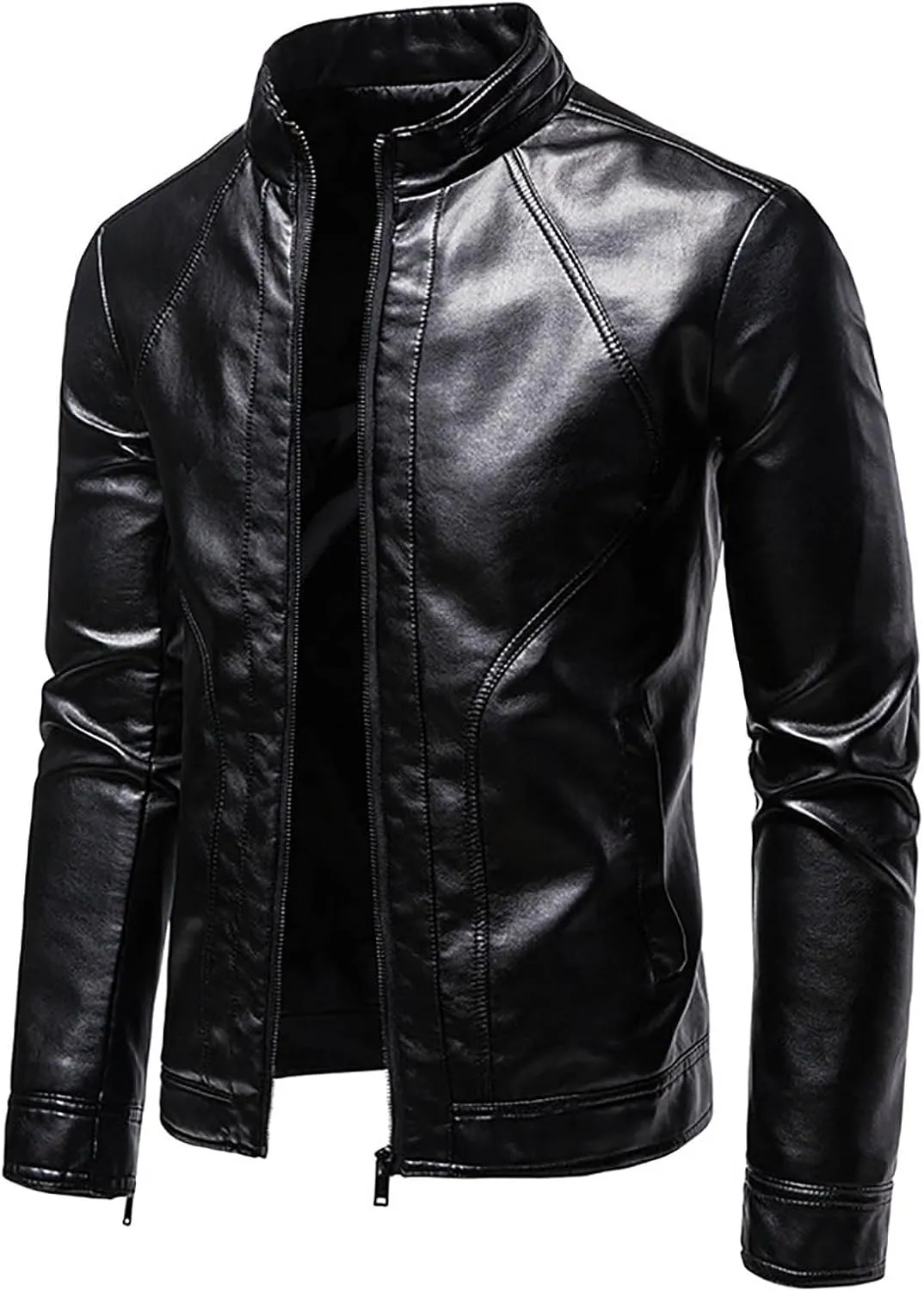 Dgoopd Men Leather Jacket Stand Collar Moto Jacket Waterproof Windproof Motorcycle Jacket Zip up Biker Jacket Leather Coat