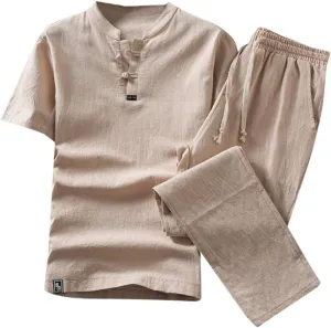 Dgoopd Men's 2 Pieces Cotton Linen Set Short Sleeve Henley Shirts Casual Beach Pants Summer Yoga Outfits Loose Comfy 2 PC Outfit Plus Size Fashion T Shirts Sets Khaki