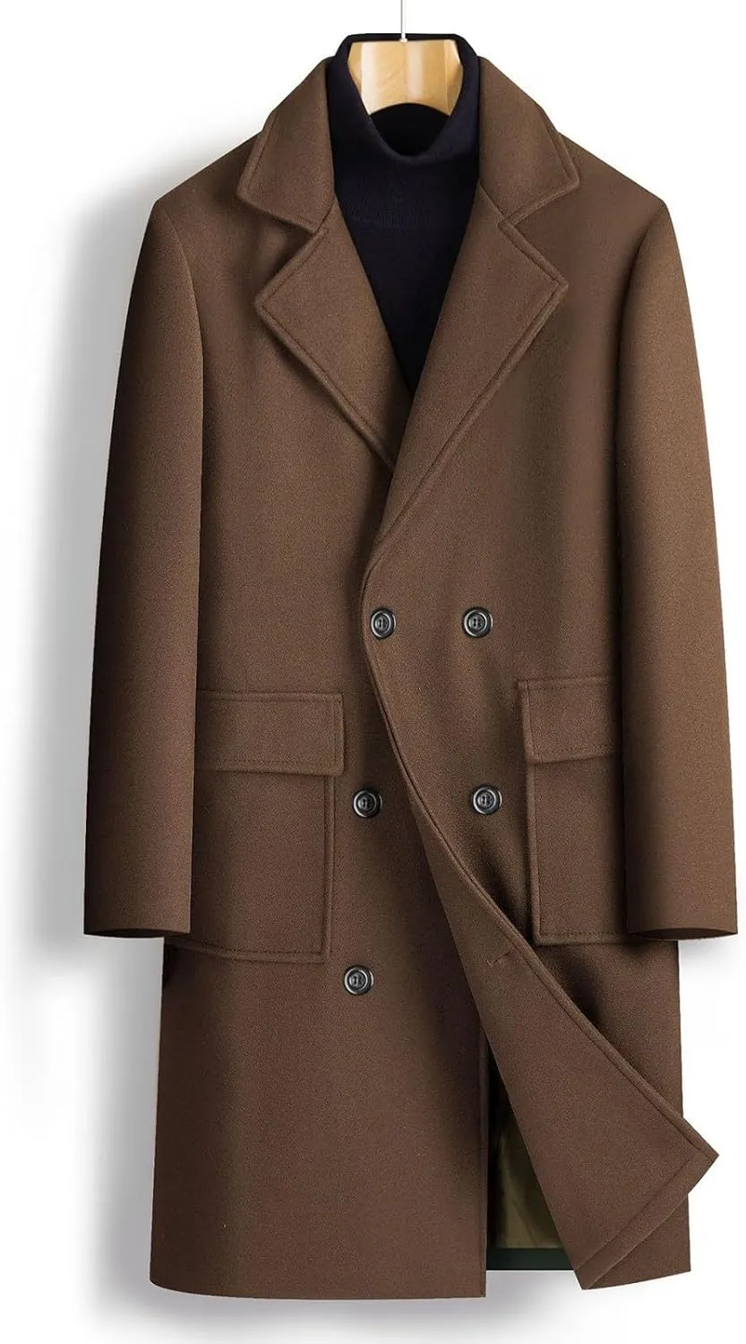 Dgoopd Mens Trench Coat Wool Blend Long Coat Double Breasted Coat Notch Lapel Jacket Fashion Peacoat Winter Overcoat