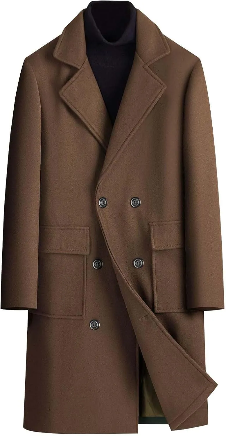 Dgoopd Mens Trench Coat Wool Blend Long Coat Double Breasted Coat Notch Lapel Jacket Fashion Peacoat Winter Overcoat