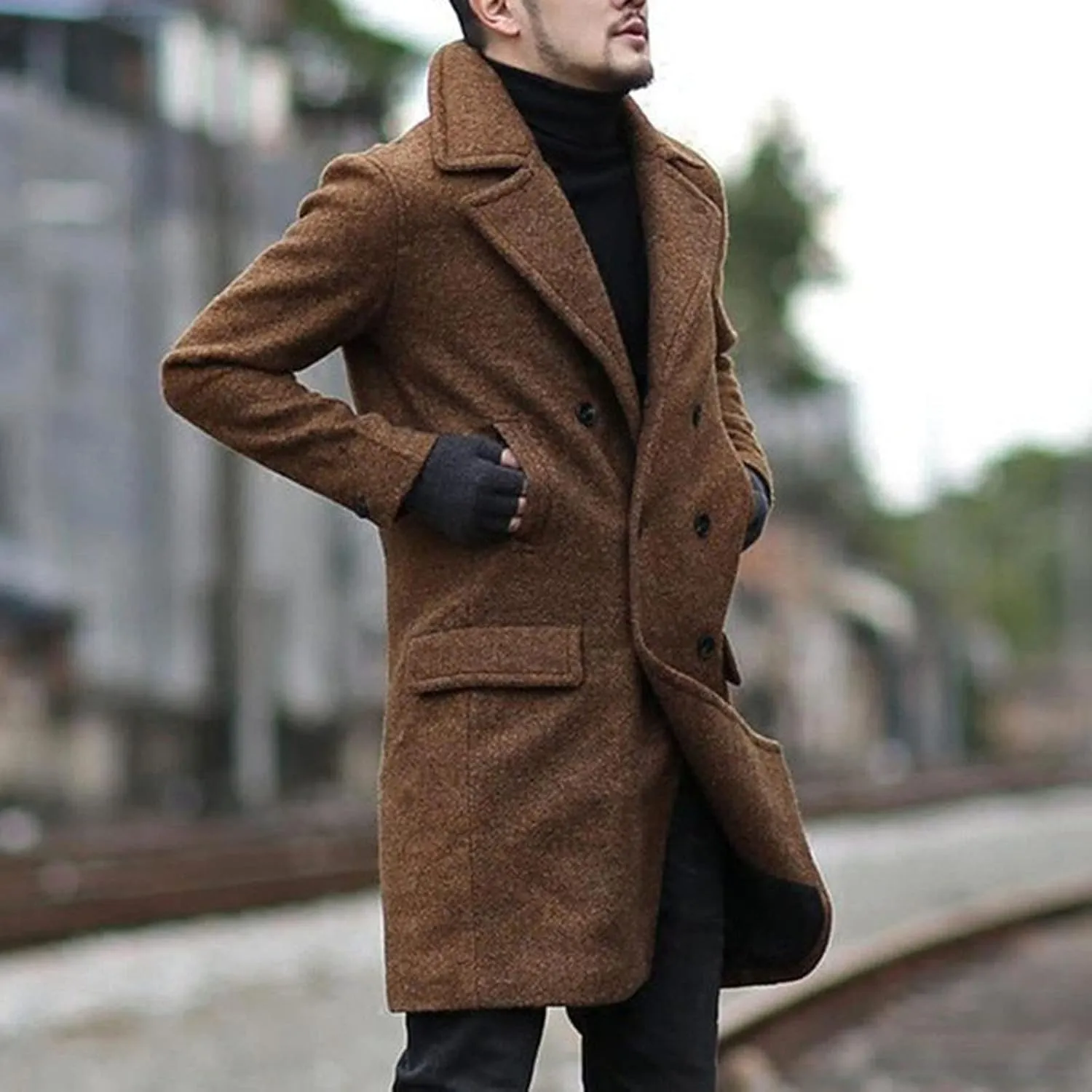 Dgoopd Men's Wool Blend Trench Coat Double Breasted Peacoat Notch Lapel Jacket Big and Tall Winter Coats Plus Size Overcoat