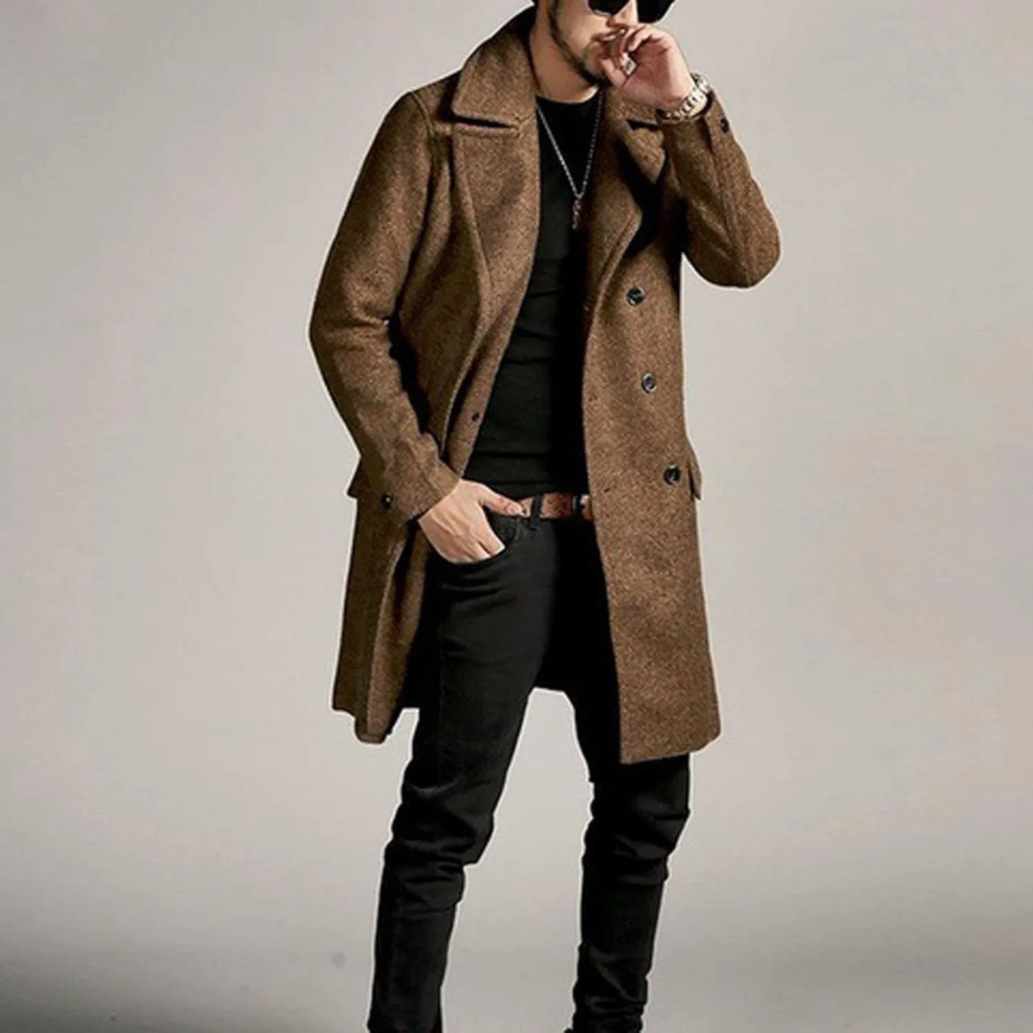 Dgoopd Men's Wool Blend Trench Coat Double Breasted Peacoat Notch Lapel Jacket Big and Tall Winter Coats Plus Size Overcoat