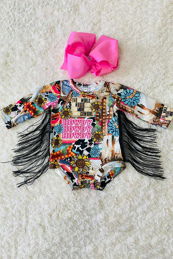 DLH2685 Western prints long sleeve baby romper with tassel