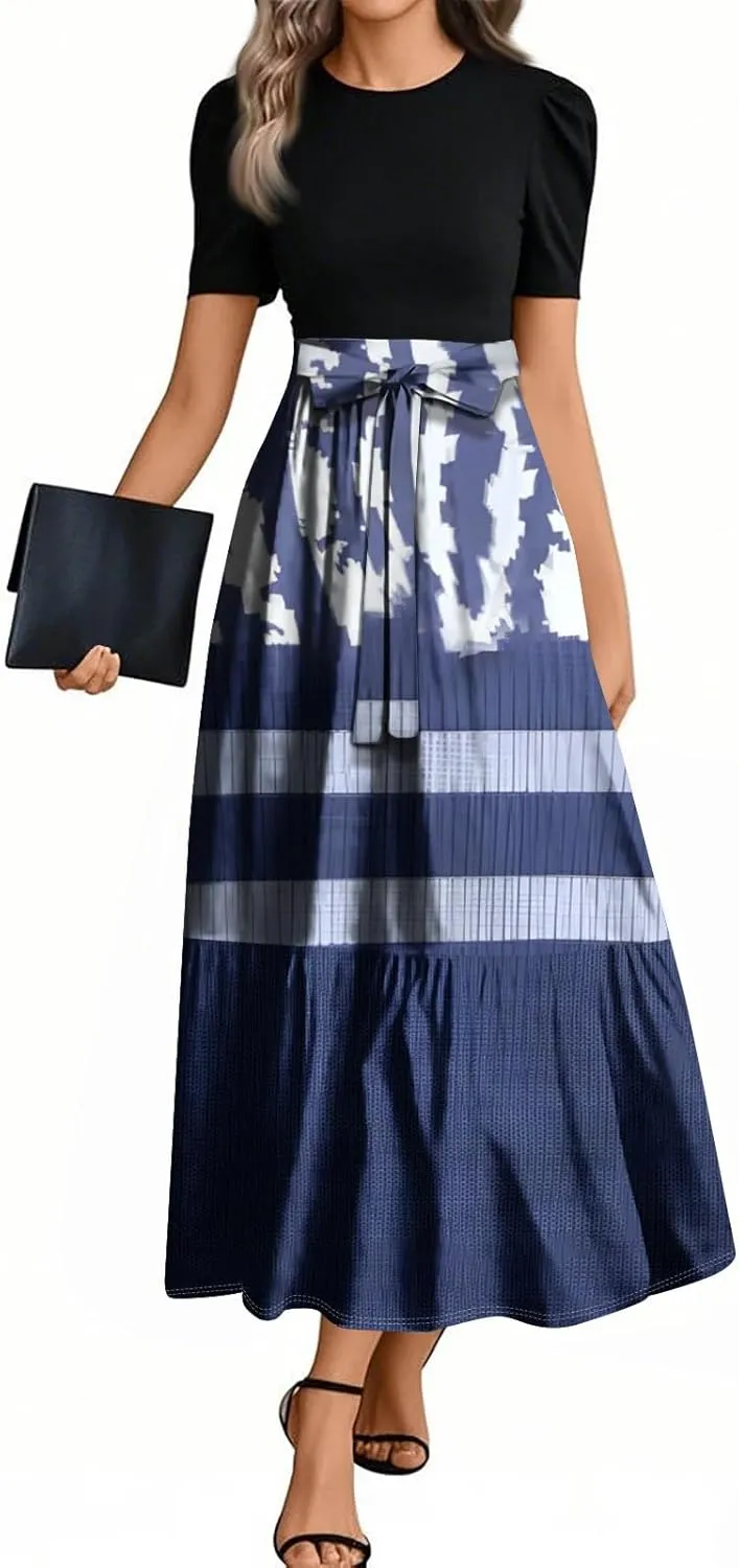 Dresses for Women 2025 Elegant Classy Summer Empire Waist Short Sleeve A Line Work Dress Wedding Guest Wrap Sundress