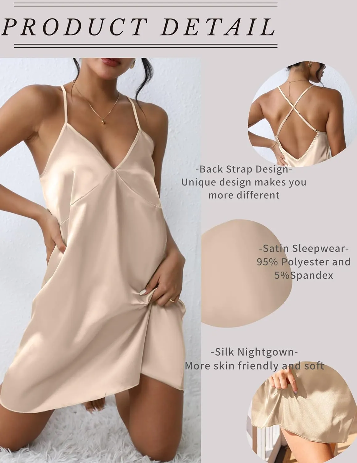 Ekouaer Satin Nightgown Silk Full Slip Dress Woman Sleepwear Lingerie Dress Silk Mini Slip Chemise Nightgown S-XXL