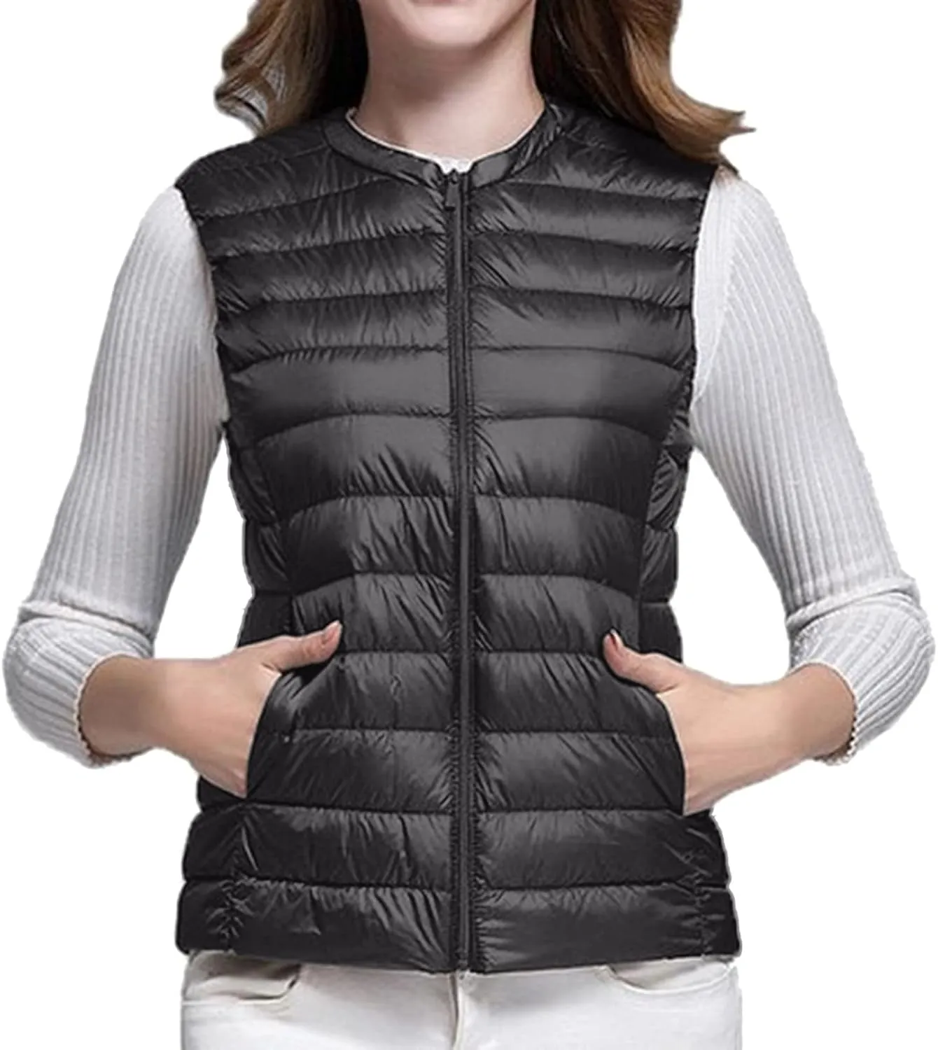 Fall Long Puffer Vest One Morality Warm V Neck Thin Down Vest Inside Trendy Winter Coat Outerwear Vest for Women