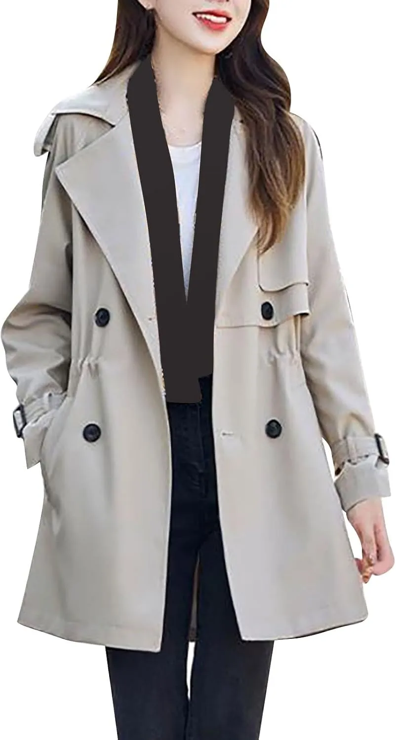 Fall Trench Coat Women Fashion Double Breasted Thin Peacoat Ladies Temperament Notched Lapel Collar Open Front Jacket