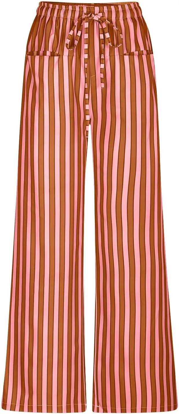fanmpghleoo Drawstring Striped Pants Women Low Rise Wide Leg Pants Comfy Lounge Pants with Pockets Straight Leg Trousers