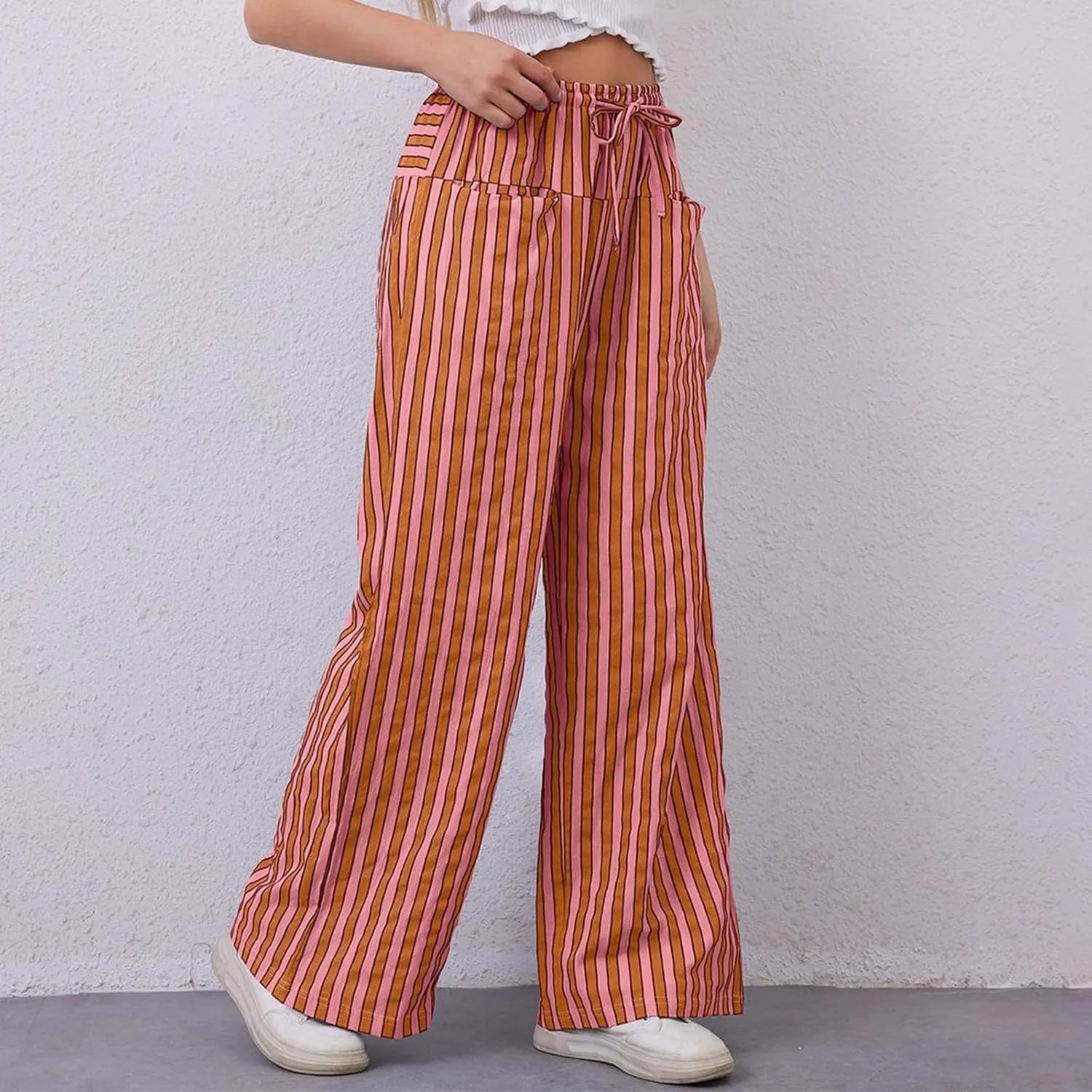 fanmpghleoo Drawstring Striped Pants Women Low Rise Wide Leg Pants Comfy Lounge Pants with Pockets Straight Leg Trousers