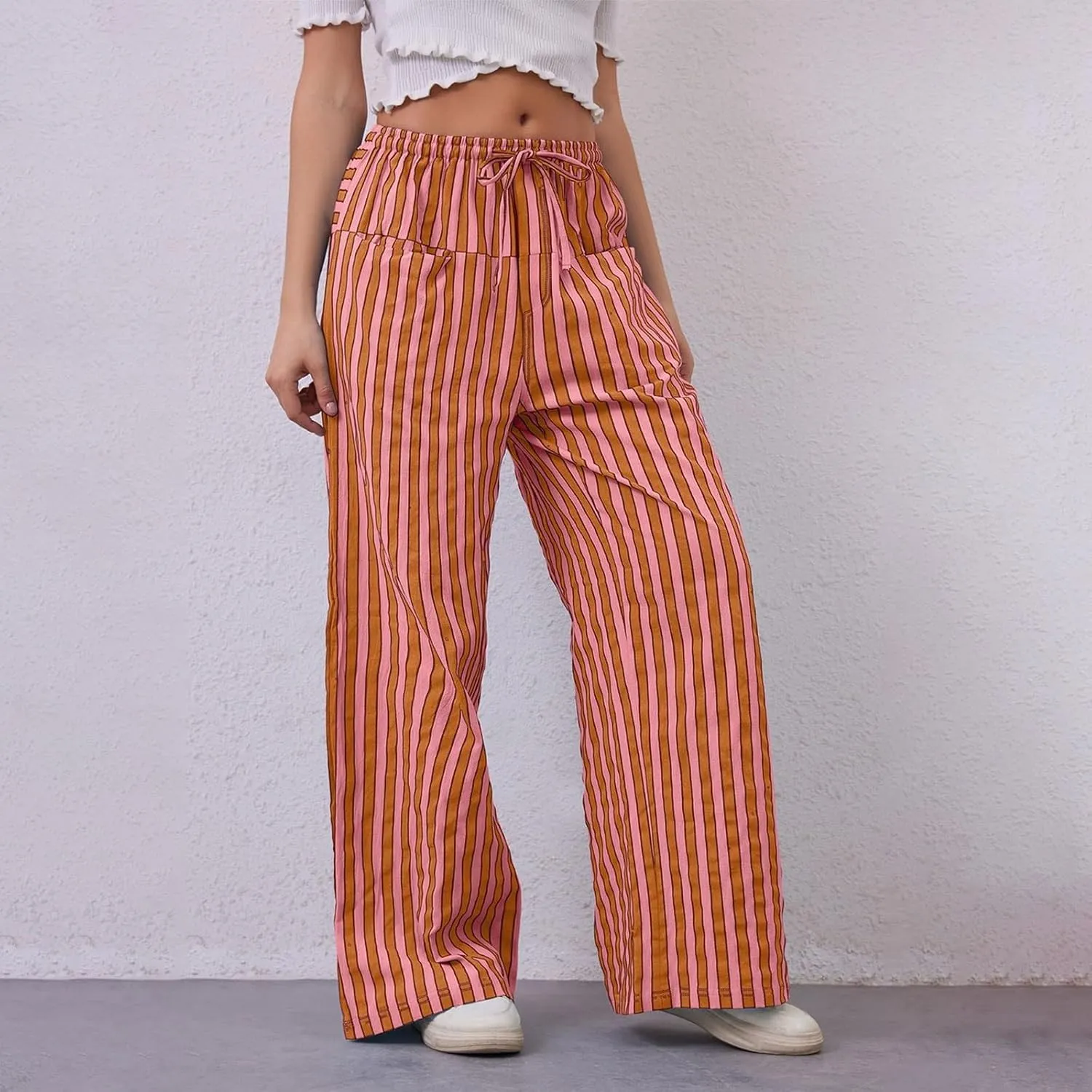 fanmpghleoo Drawstring Striped Pants Women Low Rise Wide Leg Pants Comfy Lounge Pants with Pockets Straight Leg Trousers