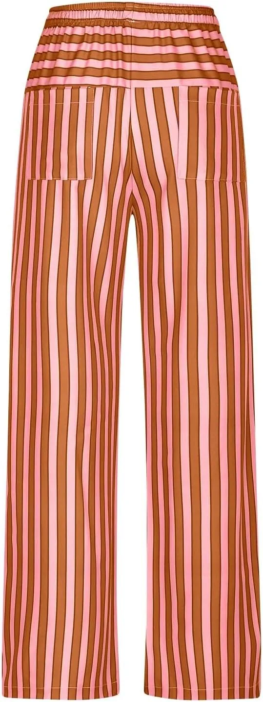 fanmpghleoo Drawstring Striped Pants Women Low Rise Wide Leg Pants Comfy Lounge Pants with Pockets Straight Leg Trousers