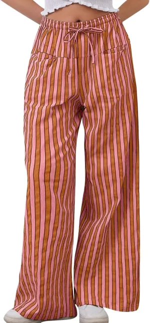 fanmpghleoo Drawstring Striped Pants Women Low Rise Wide Leg Pants Comfy Lounge Pants with Pockets Straight Leg Trousers