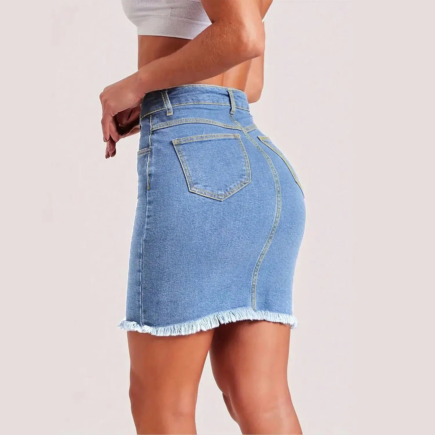 fanmpghleoo Jean Skirts for Women Denim Frayed Hem Mini Pencil Skirts High Waisted Bodycon Curvy Denim Skirt with Pockets
