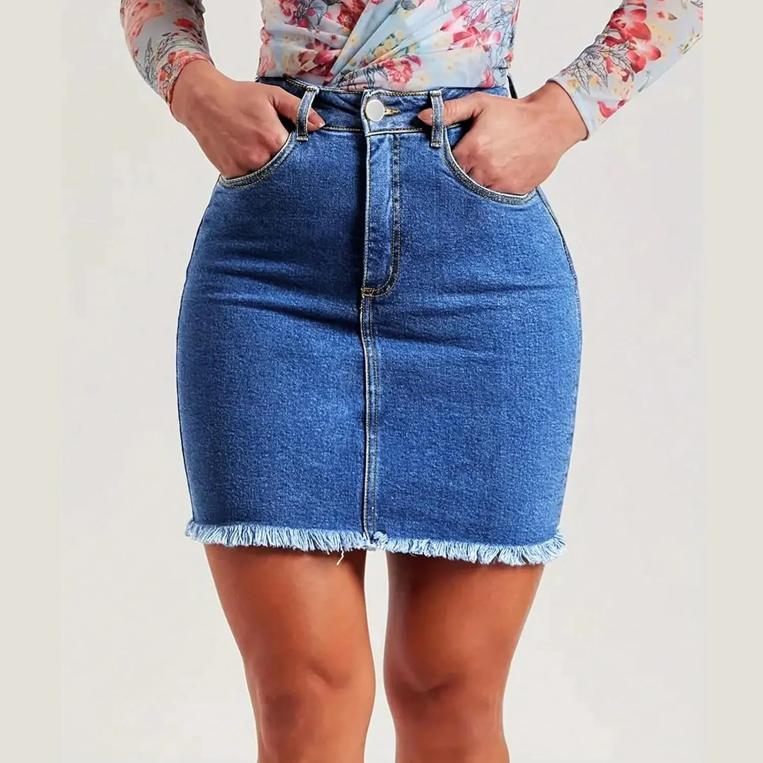 fanmpghleoo Jean Skirts for Women Denim Frayed Hem Mini Pencil Skirts High Waisted Bodycon Curvy Denim Skirt with Pockets