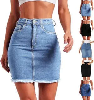 fanmpghleoo Jean Skirts for Women Denim Frayed Hem Mini Pencil Skirts High Waisted Bodycon Curvy Denim Skirt with Pockets