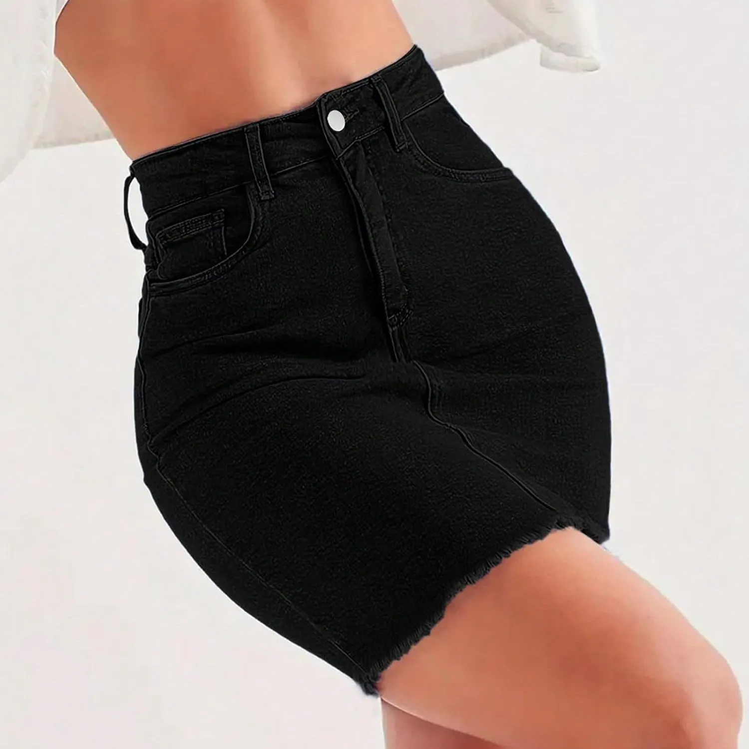 fanmpghleoo Jean Skirts for Women Denim Frayed Hem Mini Pencil Skirts High Waisted Bodycon Curvy Denim Skirt with Pockets