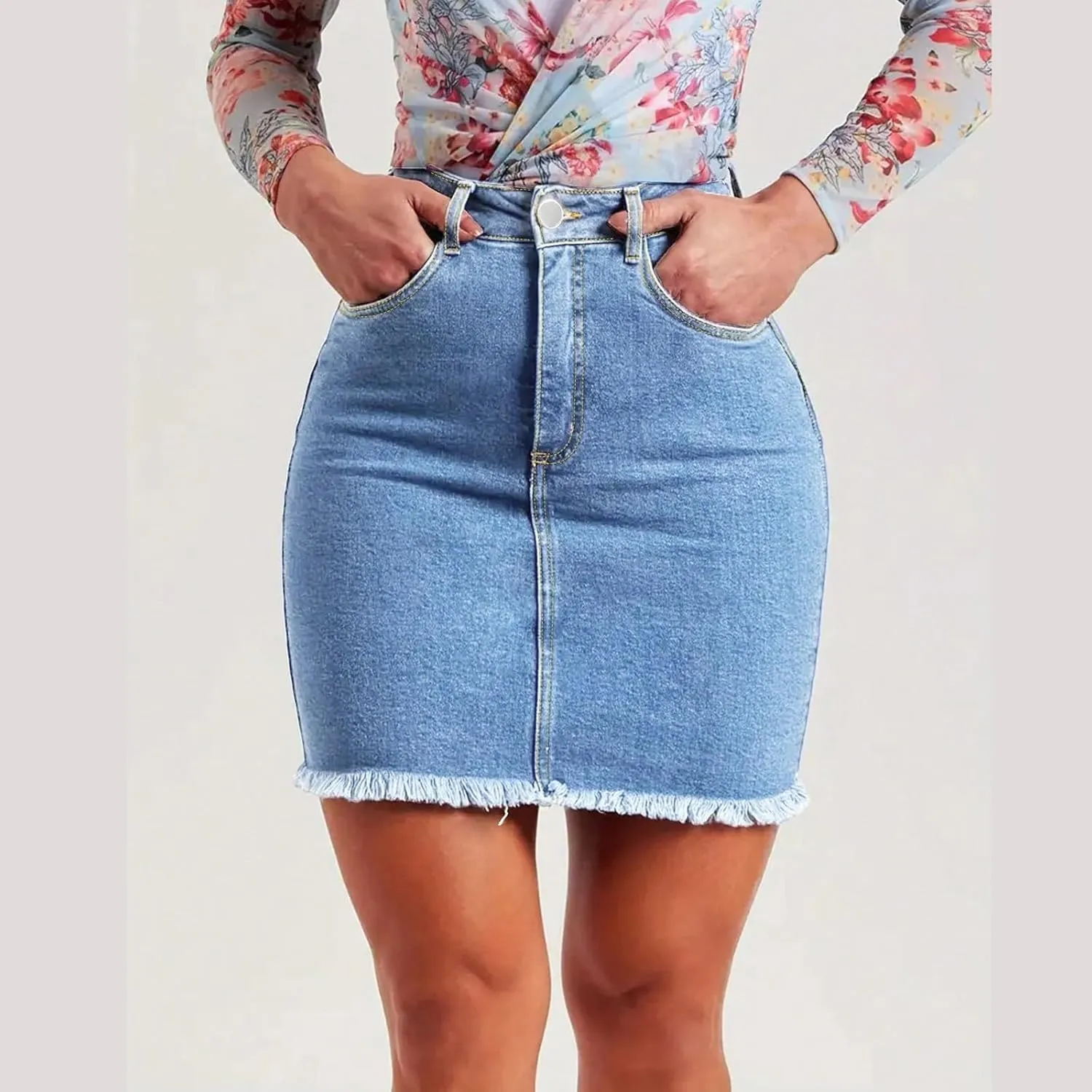 fanmpghleoo Jean Skirts for Women Denim Frayed Hem Mini Pencil Skirts High Waisted Bodycon Curvy Denim Skirt with Pockets