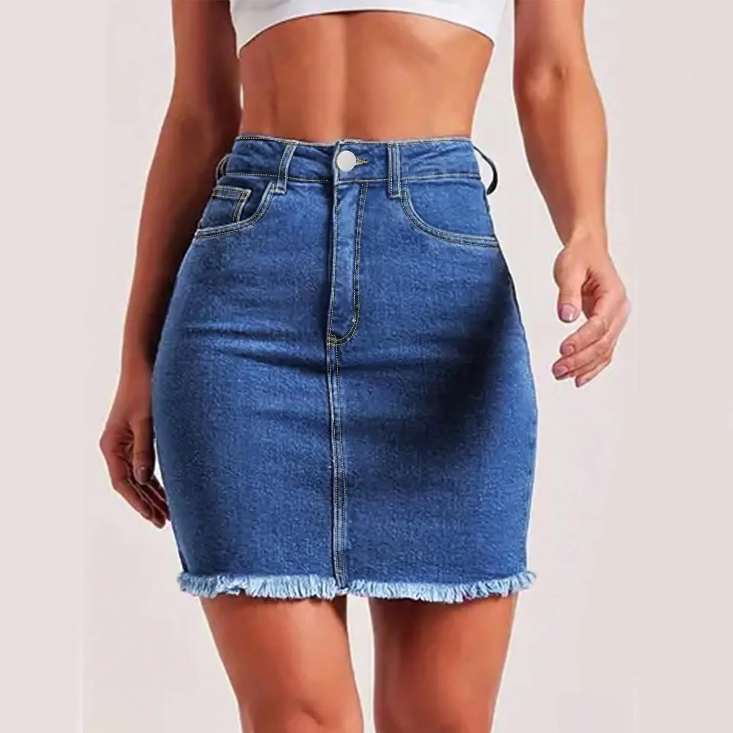 fanmpghleoo Jean Skirts for Women Denim Frayed Hem Mini Pencil Skirts High Waisted Bodycon Curvy Denim Skirt with Pockets