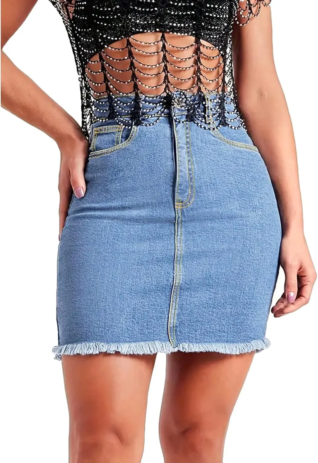 fanmpghleoo Jean Skirts for Women Denim Frayed Hem Mini Pencil Skirts High Waisted Bodycon Curvy Denim Skirt with Pockets