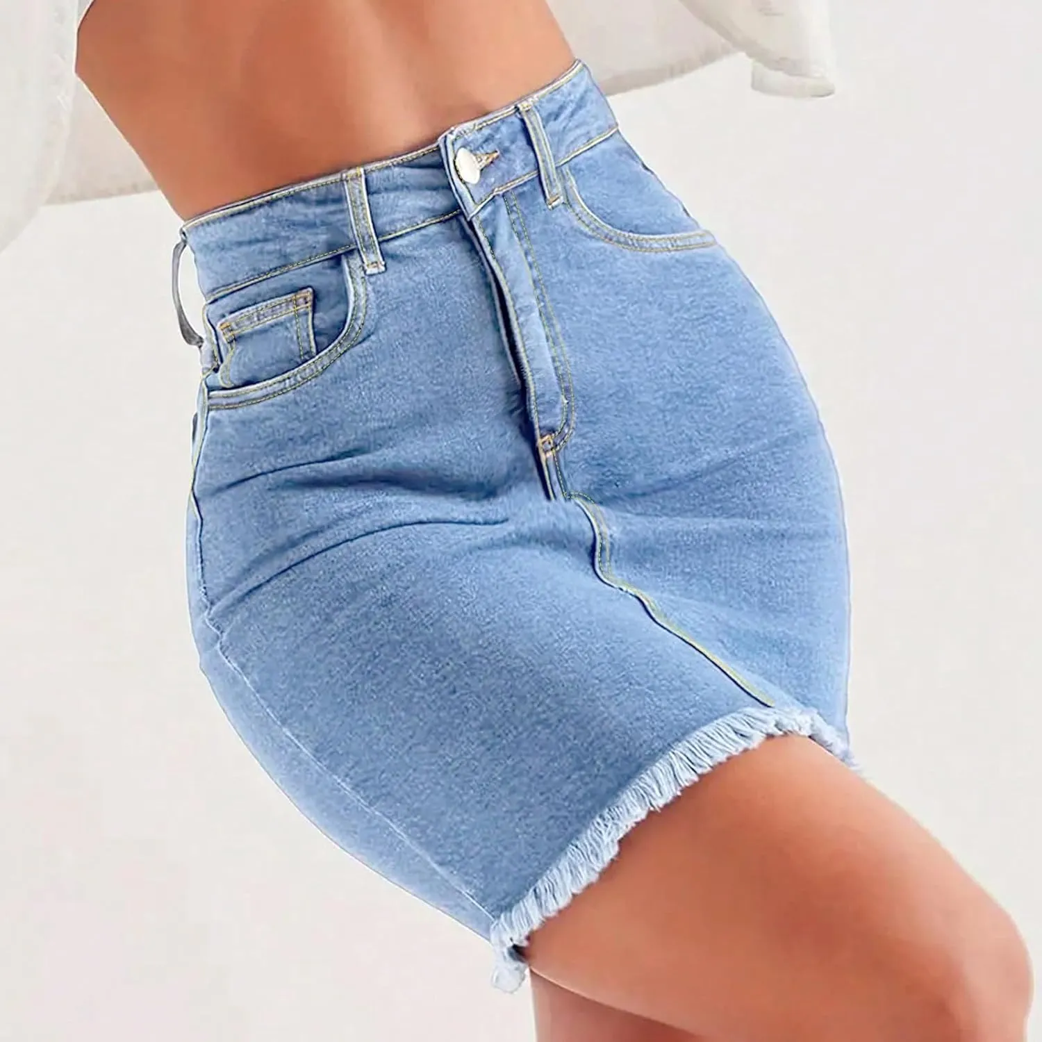 fanmpghleoo Jean Skirts for Women Denim Frayed Hem Mini Pencil Skirts High Waisted Bodycon Curvy Denim Skirt with Pockets