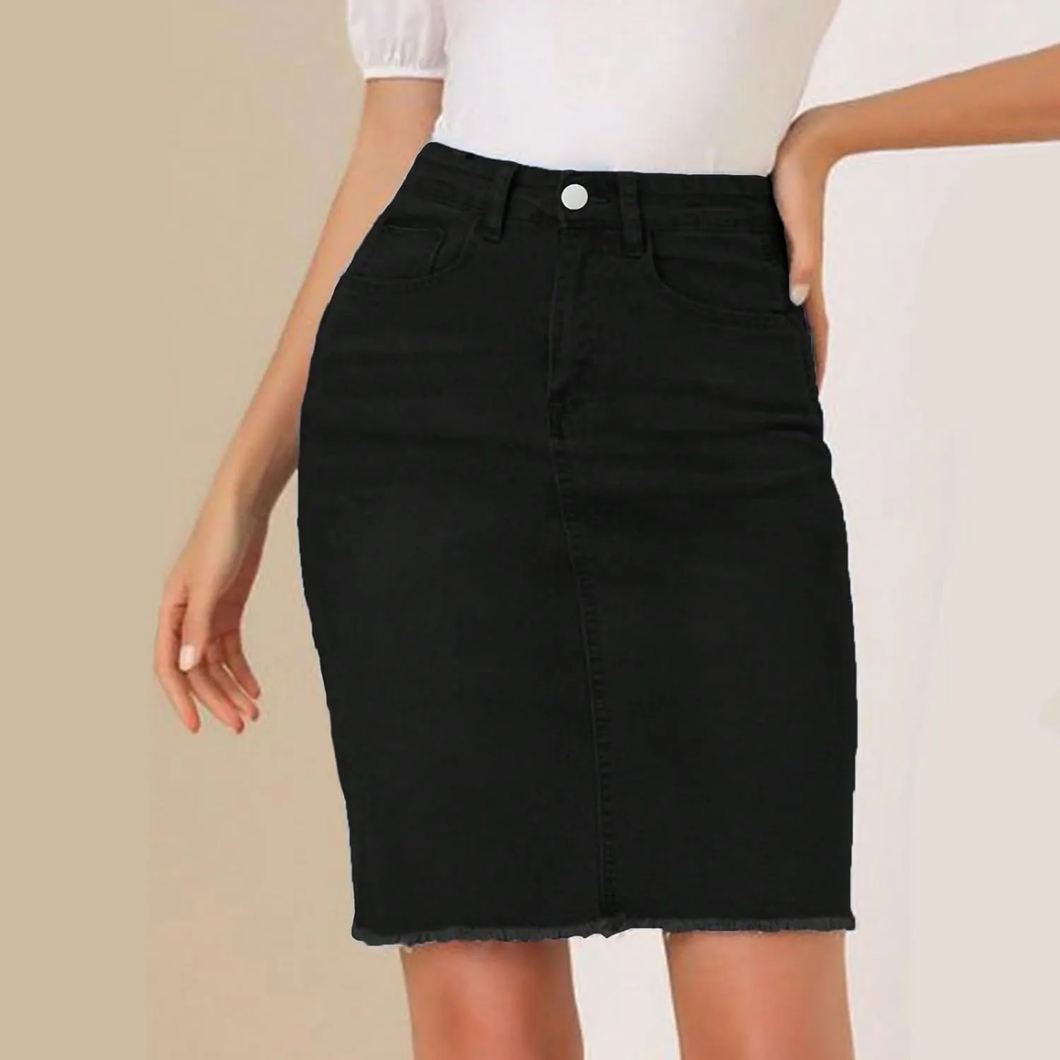 fanmpghleoo Jean Skirts for Women Denim Frayed Hem Mini Pencil Skirts High Waisted Bodycon Curvy Denim Skirt with Pockets