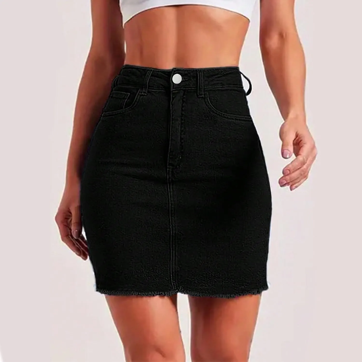 fanmpghleoo Jean Skirts for Women Denim Frayed Hem Mini Pencil Skirts High Waisted Bodycon Curvy Denim Skirt with Pockets