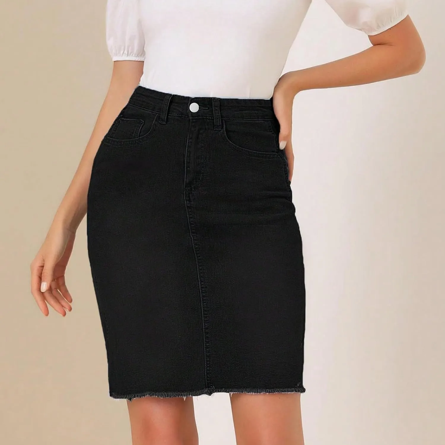 fanmpghleoo Jean Skirts for Women Denim Frayed Hem Mini Pencil Skirts High Waisted Bodycon Curvy Denim Skirt with Pockets