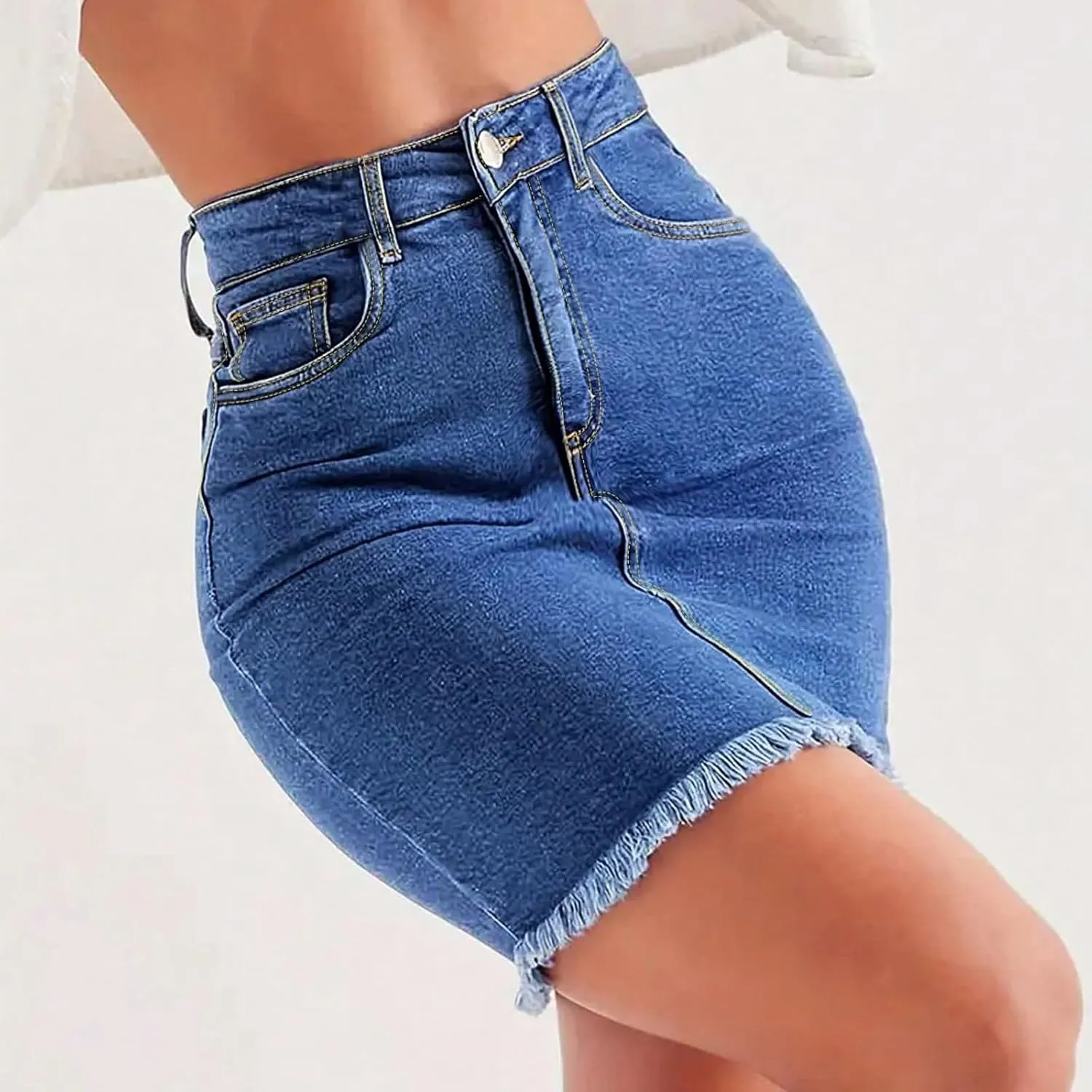 fanmpghleoo Jean Skirts for Women Denim Frayed Hem Mini Pencil Skirts High Waisted Bodycon Curvy Denim Skirt with Pockets