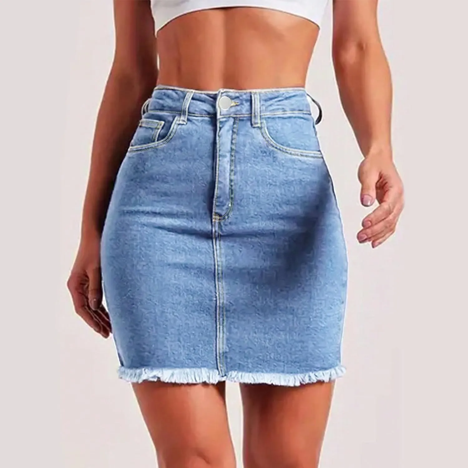 fanmpghleoo Jean Skirts for Women Denim Frayed Hem Mini Pencil Skirts High Waisted Bodycon Curvy Denim Skirt with Pockets