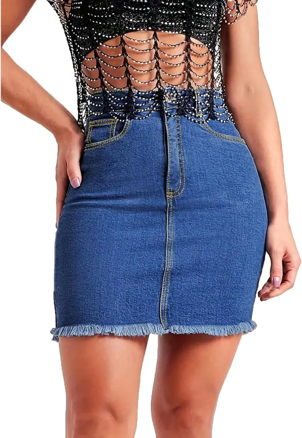 fanmpghleoo Jean Skirts for Women Denim Frayed Hem Mini Pencil Skirts High Waisted Bodycon Curvy Denim Skirt with Pockets