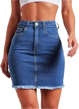 fanmpghleoo Jean Skirts for Women Denim Raw Hem Short Pencil Skirt Summer Casual Curvy High Waisted Denim Skirt with Pockets
