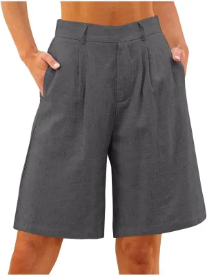 fanmpghleoo Linen Shorts for Women Dress High Waisted Wide Leg Bermuda Shorts Pleated Elastic Waist Pull On Loose Linen Pants
