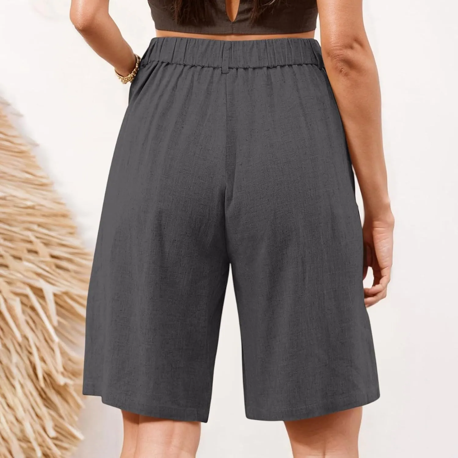 fanmpghleoo Linen Shorts for Women Dress High Waisted Wide Leg Bermuda Shorts Pleated Elastic Waist Pull On Loose Linen Pants