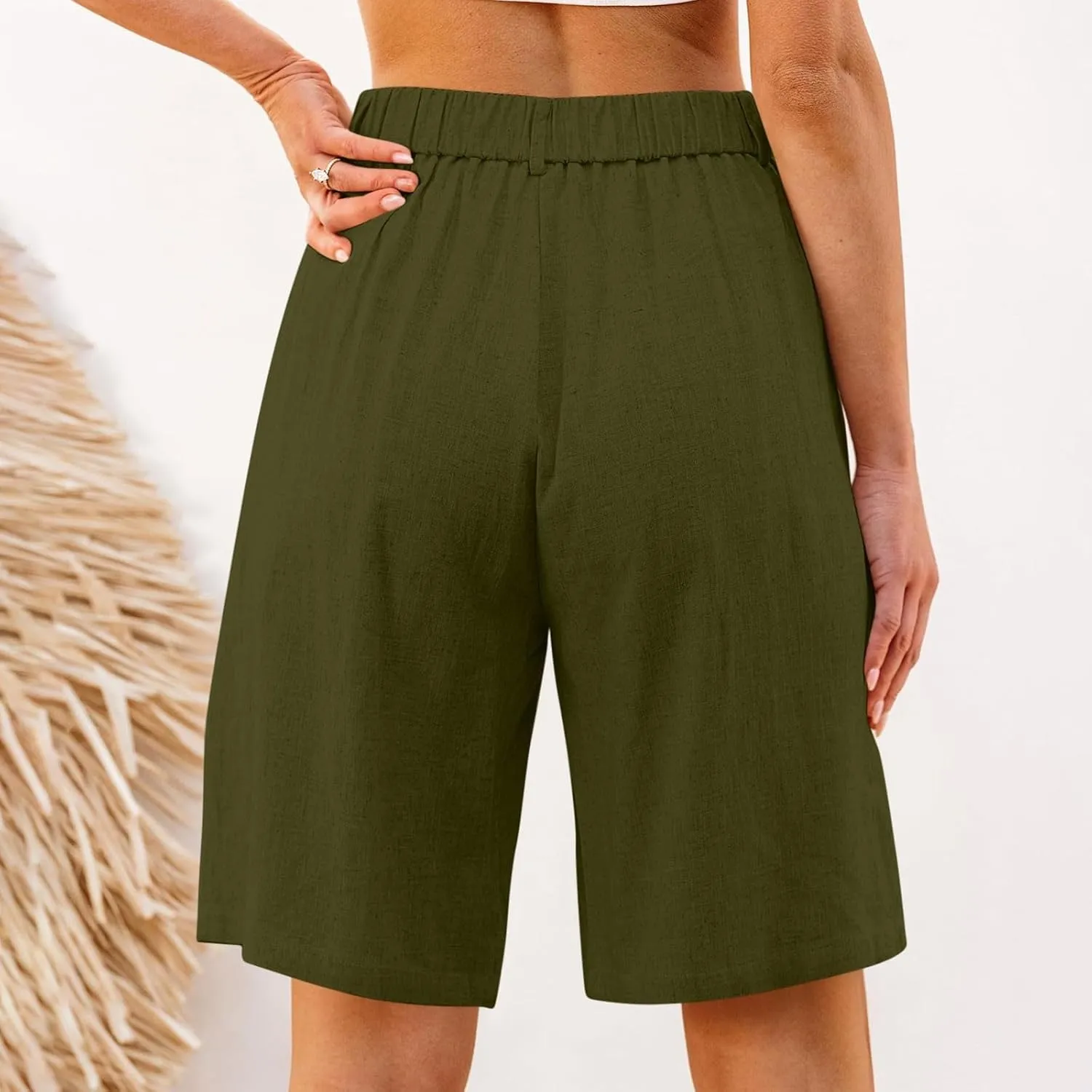 fanmpghleoo Wide Leg Bermuda Shorts for Women Elastic High Waisted Linen Shorts Business Casual Linen Pants Women Summer