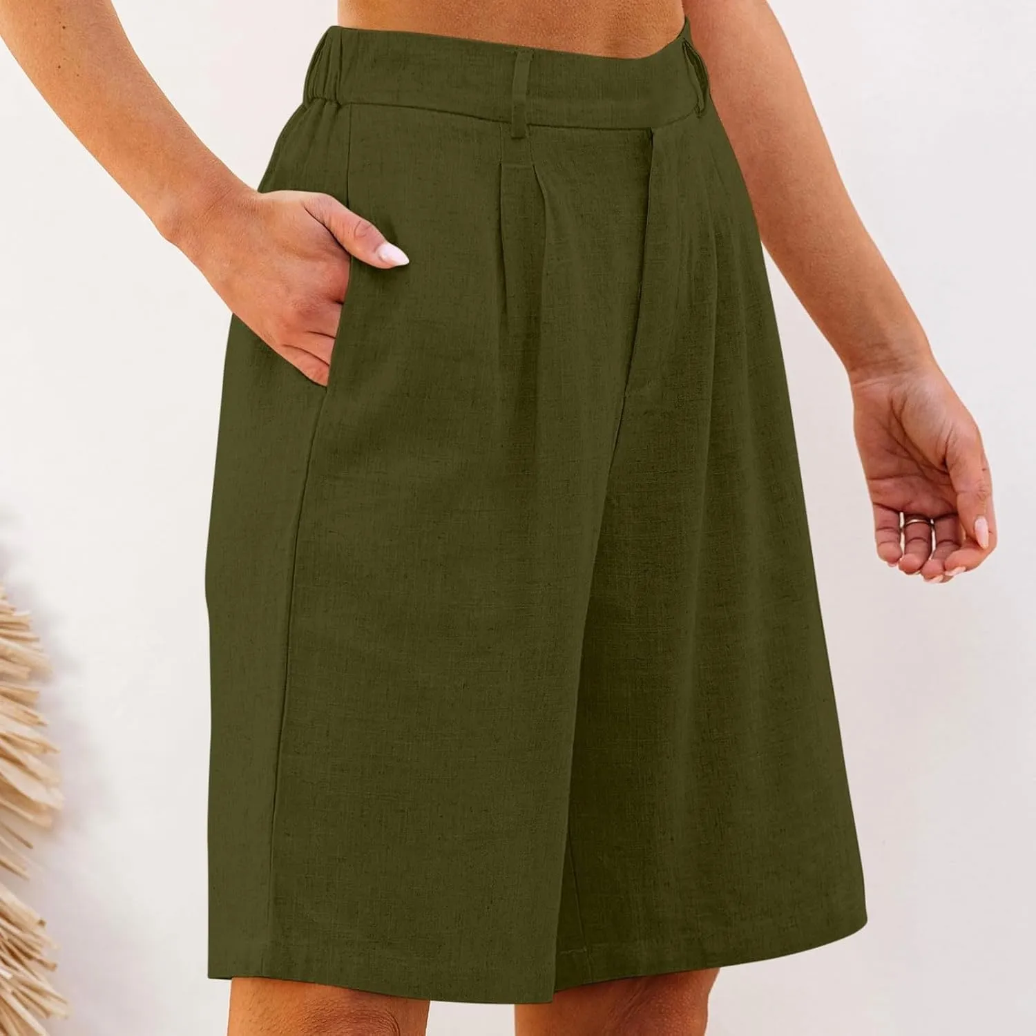 fanmpghleoo Wide Leg Bermuda Shorts for Women Elastic High Waisted Linen Shorts Business Casual Linen Pants Women Summer