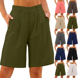 fanmpghleoo Wide Leg Bermuda Shorts for Women Elastic High Waisted Linen Shorts Business Casual Linen Pants Women Summer