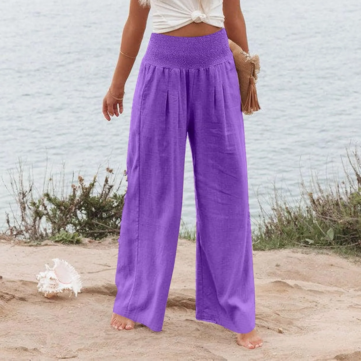 fanmpghleoo Wide Leg Linen Pants for Women Casual Plus Size Linen Palazzo Pants Elastic High Waisted Linen Pants Women Summer