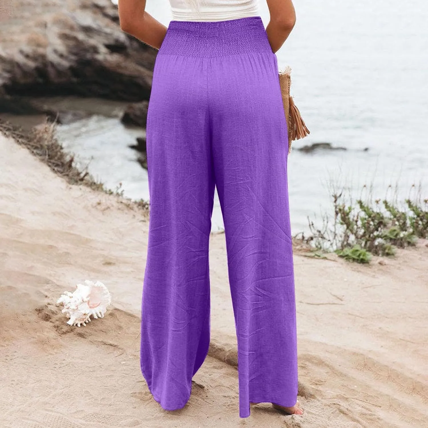 fanmpghleoo Wide Leg Linen Pants for Women Casual Plus Size Linen Palazzo Pants Elastic High Waisted Linen Pants Women Summer