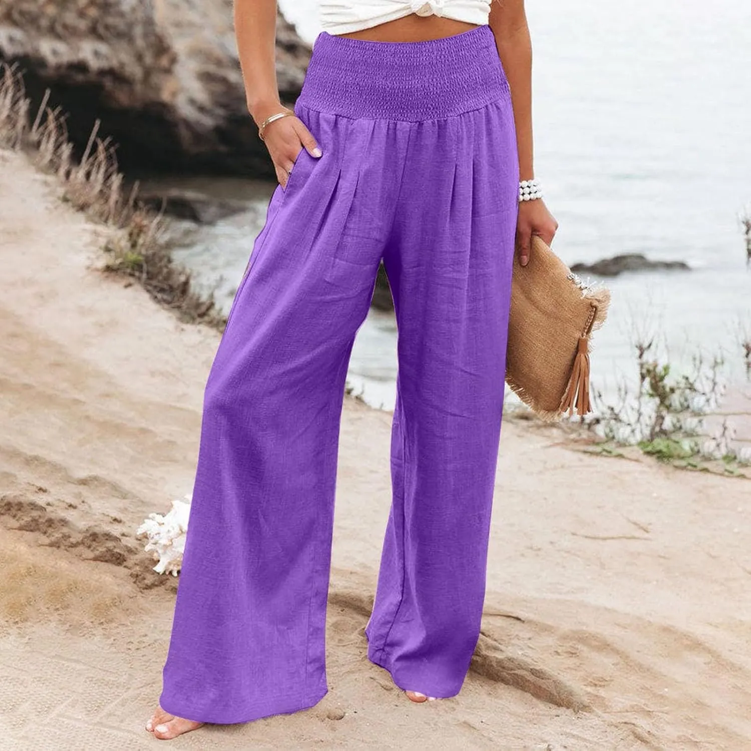 fanmpghleoo Wide Leg Linen Pants for Women Casual Plus Size Linen Palazzo Pants Elastic High Waisted Linen Pants Women Summer