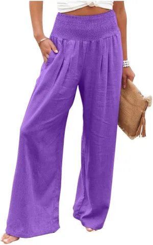 fanmpghleoo Wide Leg Linen Pants for Women Casual Plus Size Linen Palazzo Pants Elastic High Waisted Linen Pants Women Summer