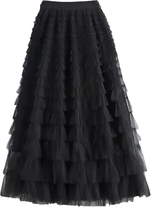 Fashion Mesh Skirt Women High Waist A-Line Gauze Spliced Solid Color Loose Skirts