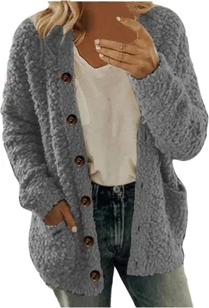 Fashion Sherpa Jacket for Women Casual Fall Winter Coats Solid Button Cardigan Tops Plush Coat with Pockets